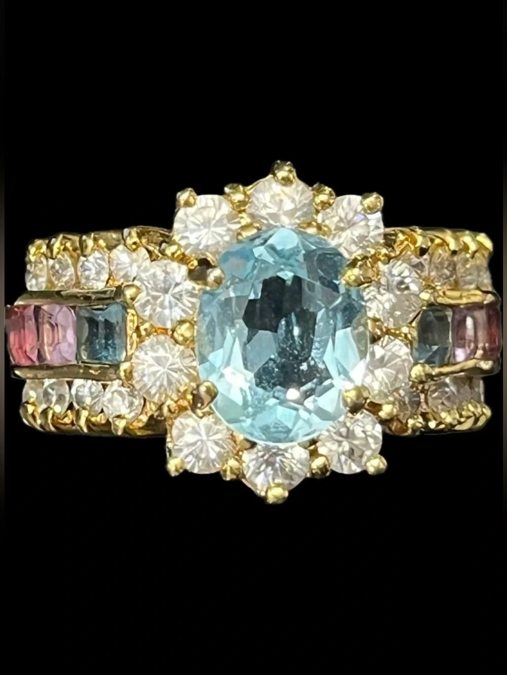 Suzanne Somers vintage blue topaz amethyst garnet gemstone CZ cocktail band ring